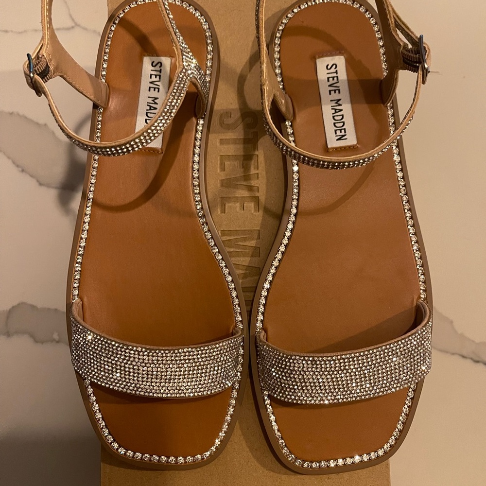 Steve Madden silver and tan rhinestone sandals.